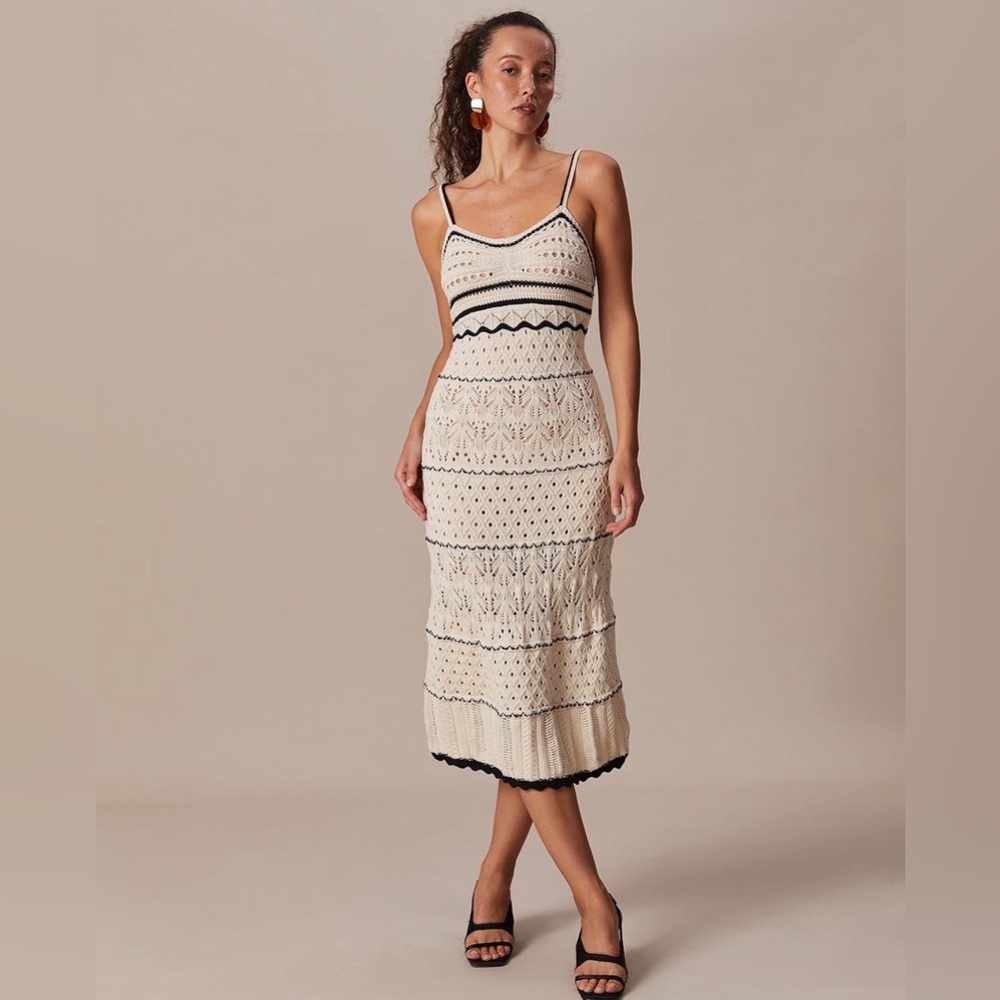 RIHOAS The Beige Scalloped Pointelle Knit Midi
